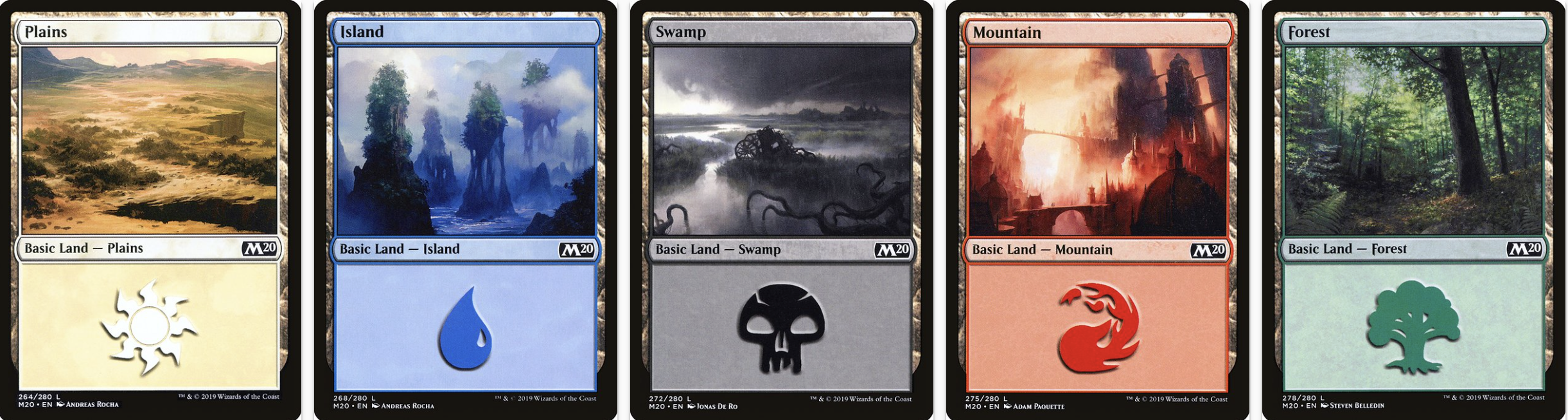A set of basic lands, all from Core Set 2020: Plains 264, Island 268, Swamp 272, Mountain 275, and Forest 278.