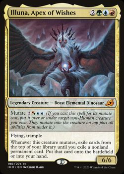 Illuna, Apex of Wishes {2}{G}{U}{R}
Legendary Creature — Beast Elemental Dinosaur
Mutate {3}{R/G}{U}{U} (If you cast this spell for its mutate cost, put it over or under target non-Human creature you own. They mutate into the creature on top plus all abilities from under it.)
Flying, trample
Whenever this creature mutates, exile cards from the top of your library until you exile a nonland permanent card. Put that card onto the battlefield or into your hand.
6/6