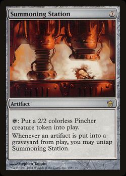 Summoning Station {7} Artifact {T}: Create a 2/2 colorless Pincher creature token. Whenever an artifact is put into a graveyard from the battlefield, you may untap this artifact.